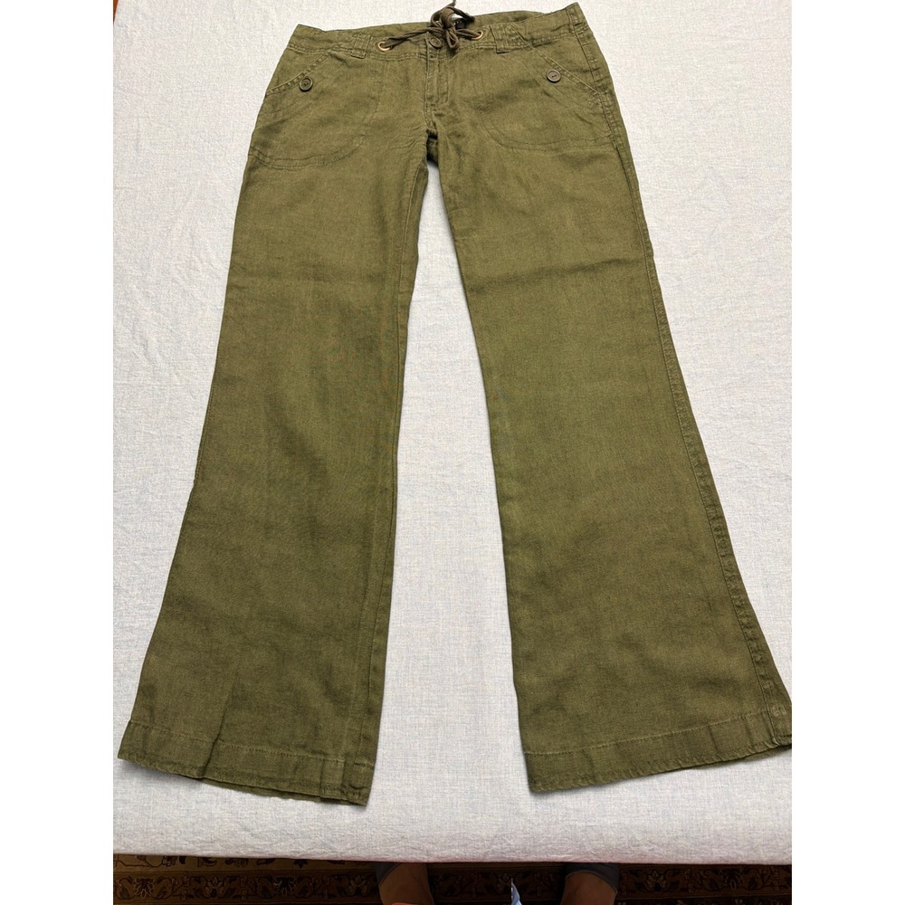 Sanctuary Clothing Olive Green 100% Linen Wide Leg Drawstring Pants Size 6